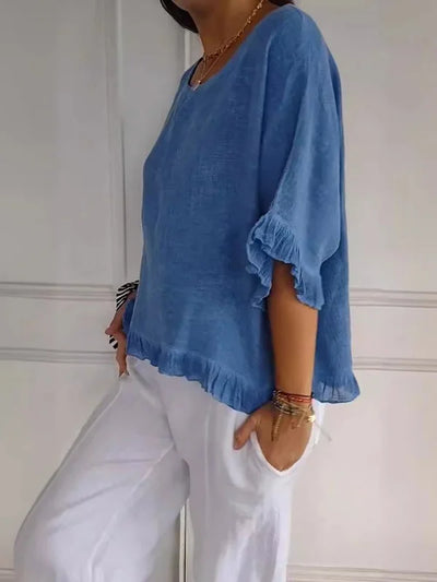 Lena | Bomuldslinnedbluse med flæser
