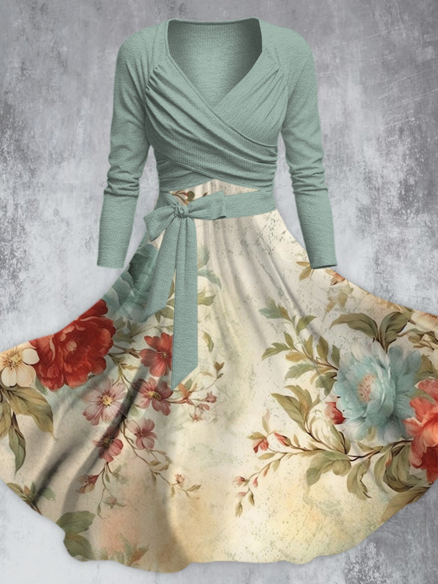 Vintage midikjole med elegant blomsterprint, V-udskæring, lange ærmer og stropper