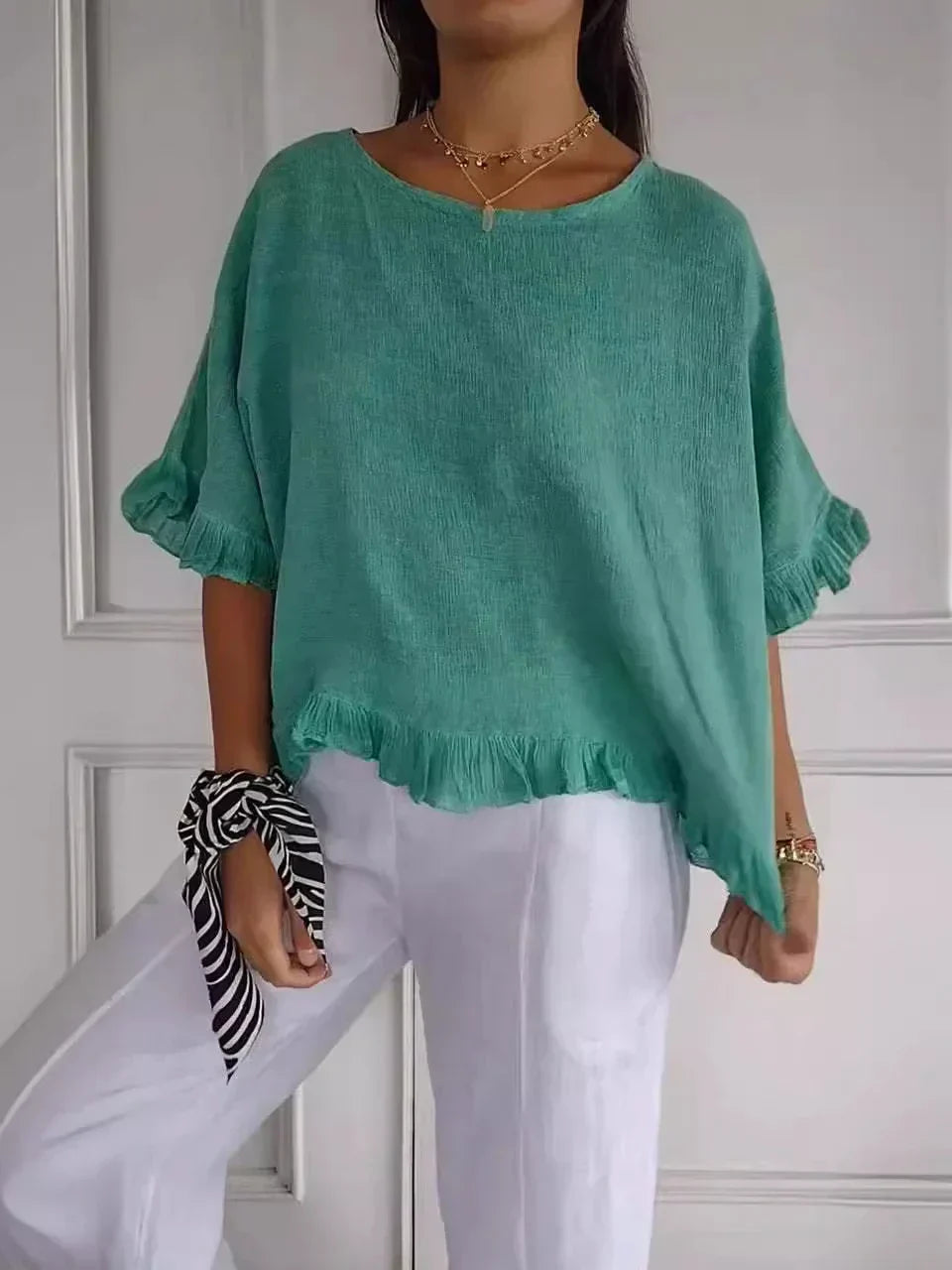Lena | Bomuldslinnedbluse med flæser